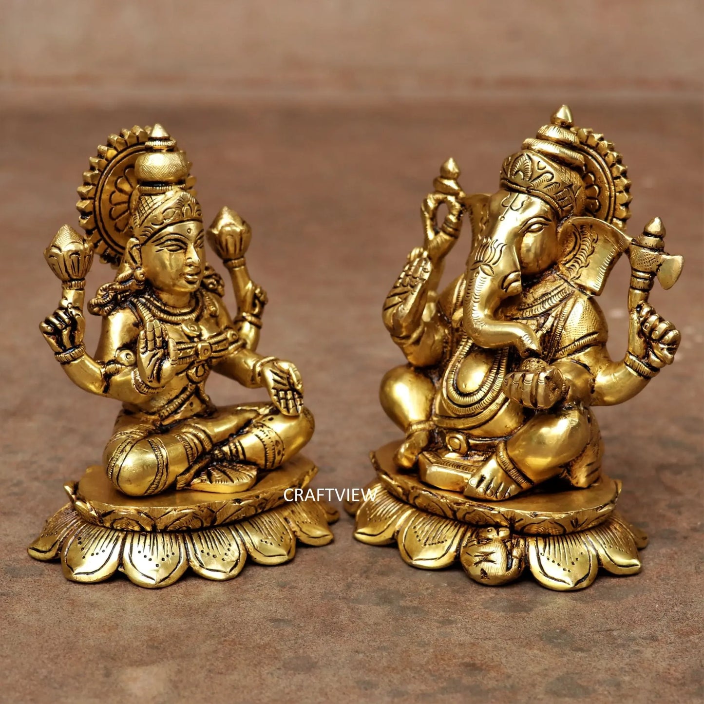 5.5" Brass Lotus Ganesh Lakshmi Statue Craftsview