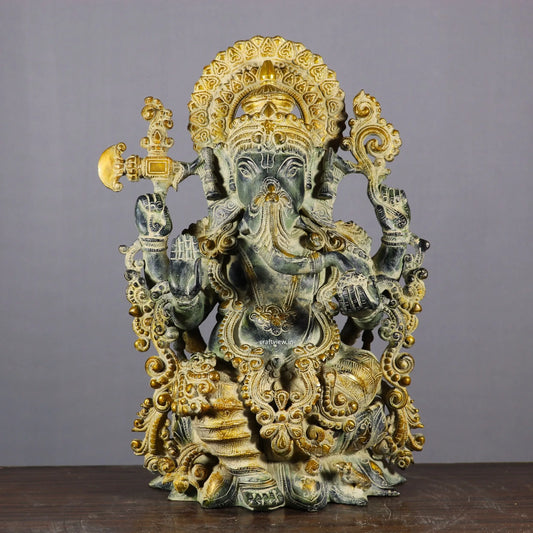 Elegant Brass Superfine Lord Ganesha Idol with Lotus Vintage Finish craftsview