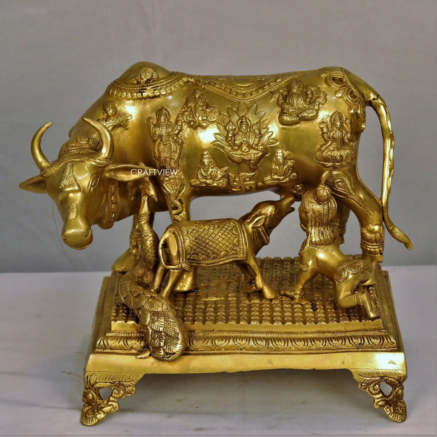 Brass Animal Cow and Calf Statue With Peacock craftsview