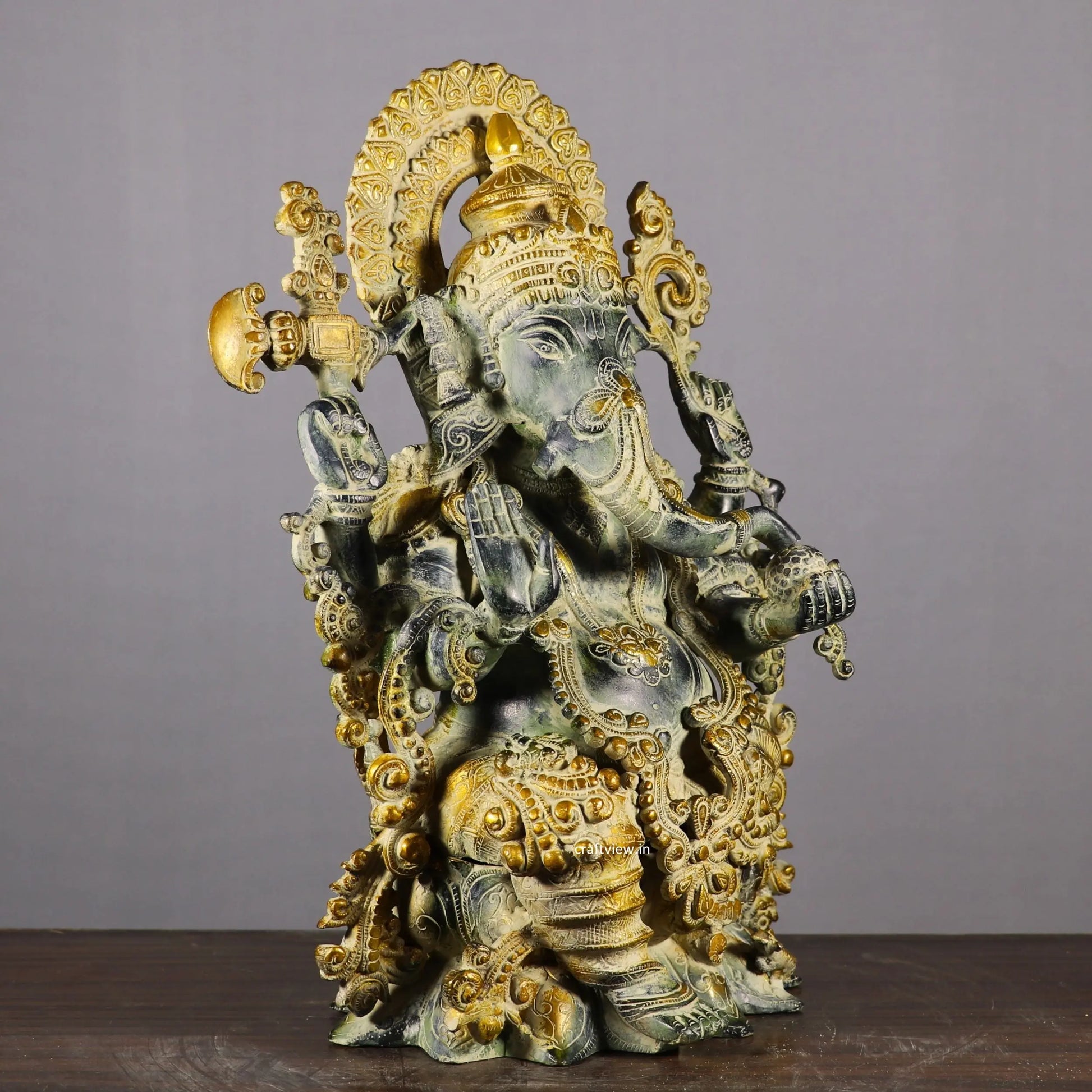 Elegant Brass Superfine Lord Ganesha Idol with Lotus Vintage Finish craftsview