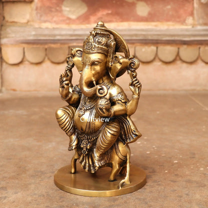 Brass Lord Ganesha Statue Sited On Musak 11" craftsview