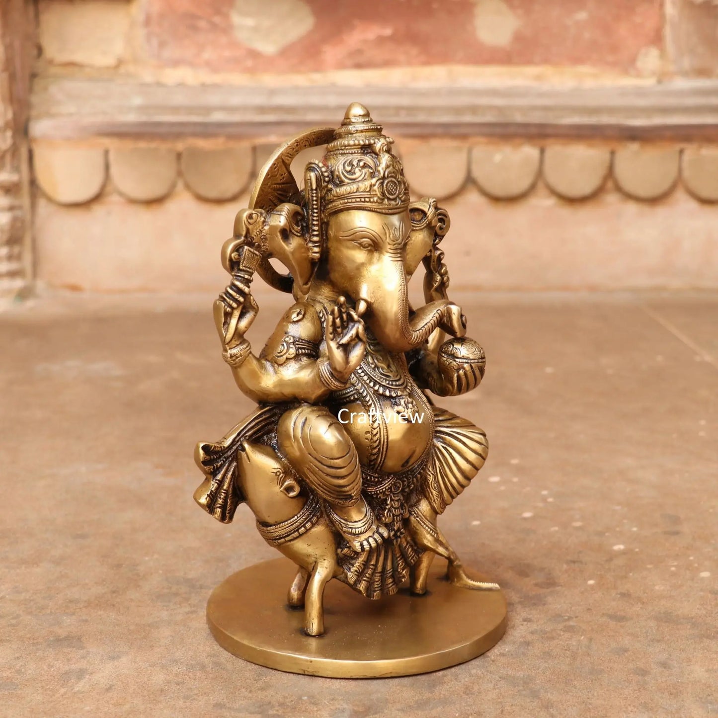 Brass Lord Ganesha Statue Sited On Musak 11" craftsview