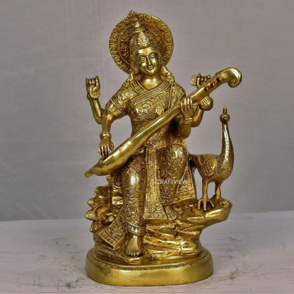 Brass Sarasvati Statue sitting on lotus 14.5" craftsview