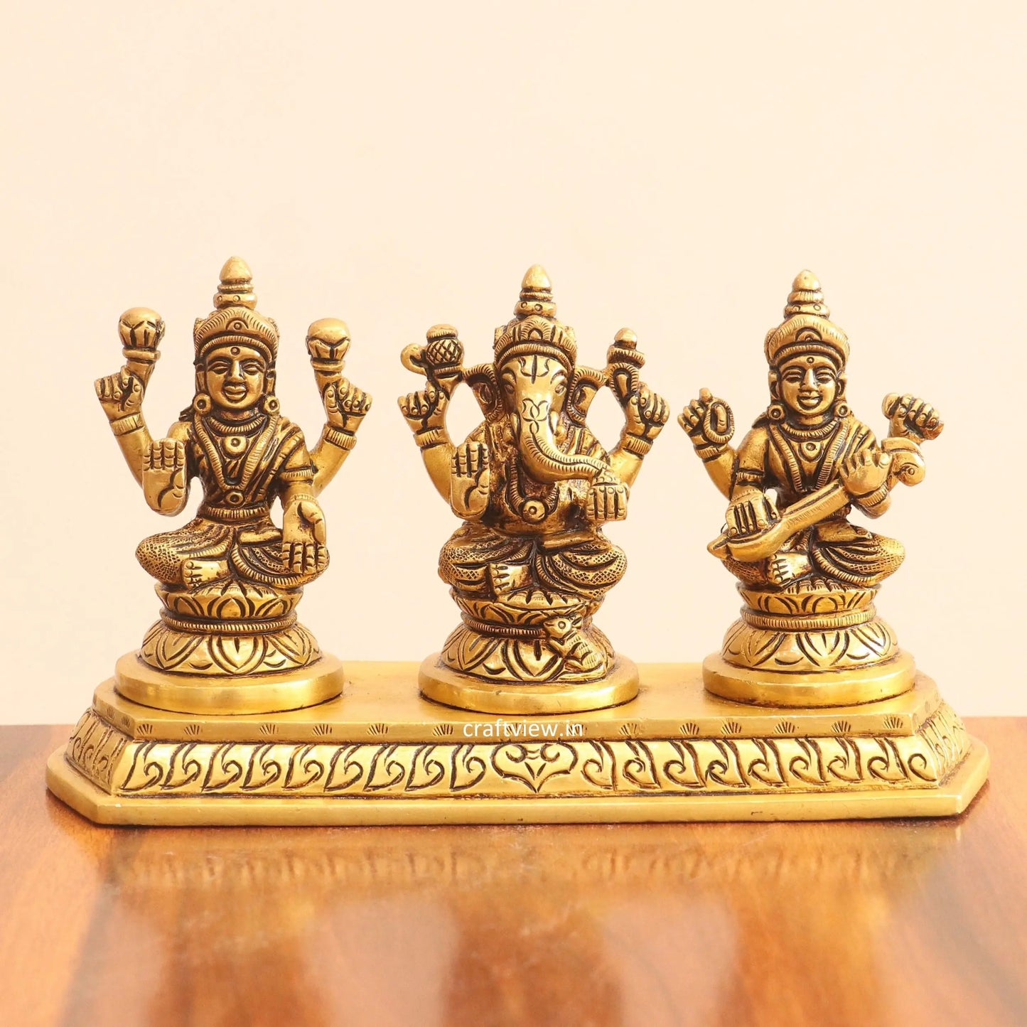 4" Superfine Small Brass Ganesh Lakshmi Sarasvati Craftsview