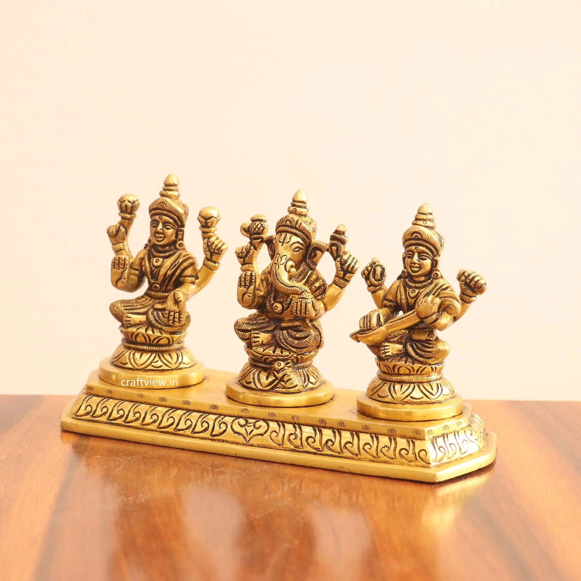 4" Superfine Small Brass Ganesh Lakshmi Sarasvati Craftsview