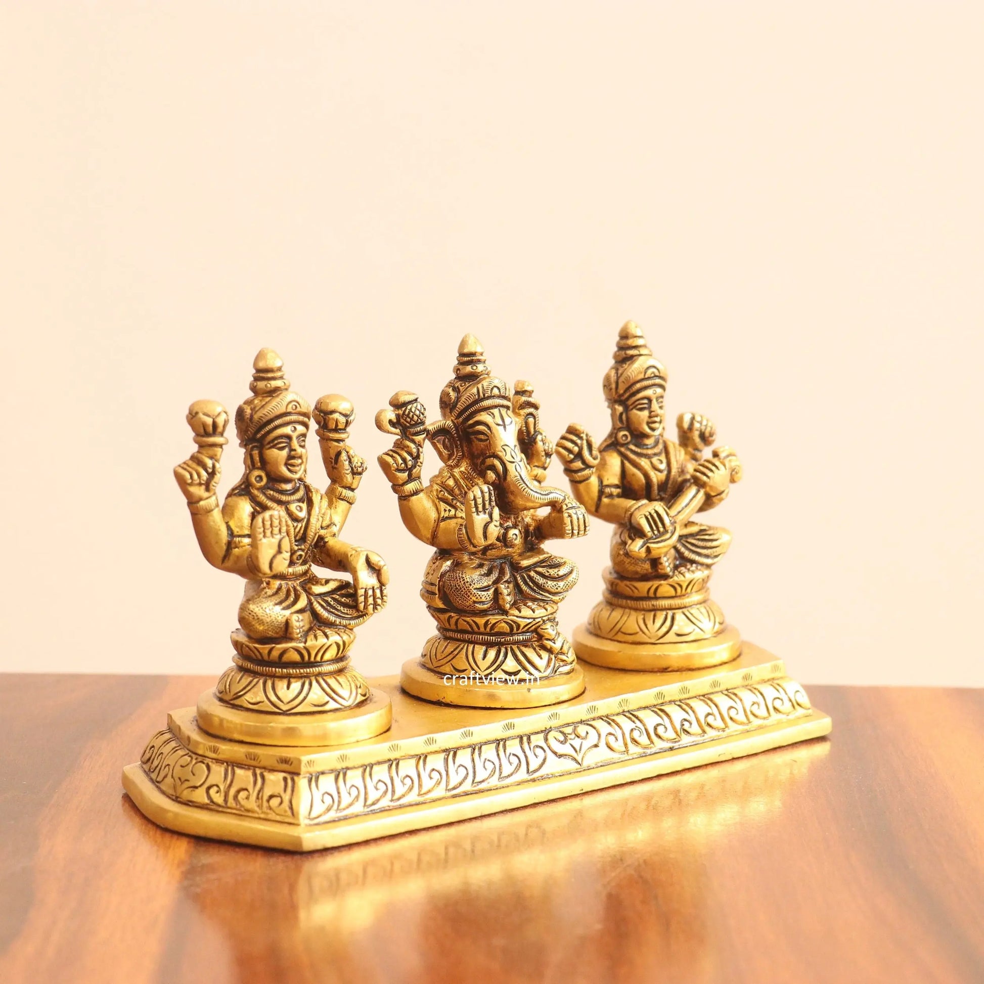 4" Superfine Small Brass Ganesh Lakshmi Sarasvati Craftsview