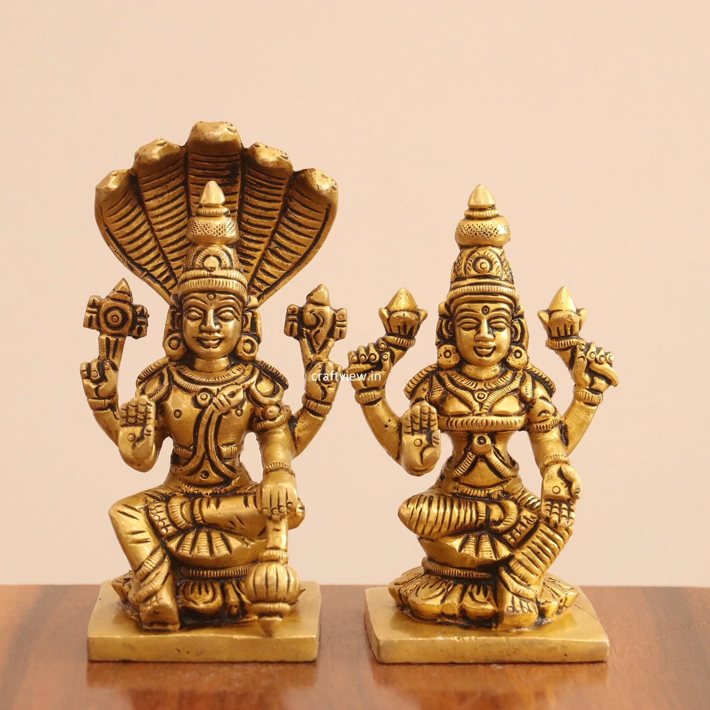 4.5" Superfine Small Brass Lakshmi Vishnu Chola Idols Craftsview