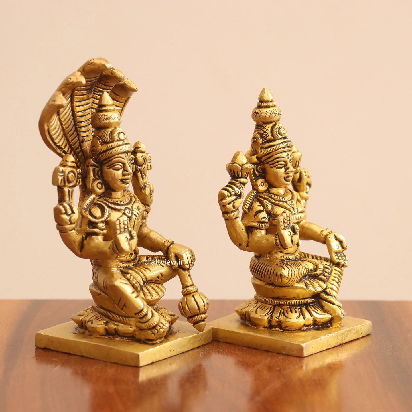 4.5" Superfine Small Brass Lakshmi Vishnu Chola Idols Craftsview