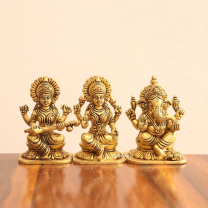 5" Superfine Small Brass Ganesh Lakshmi Sarasvati Idols set of 3 Peace Craftsview