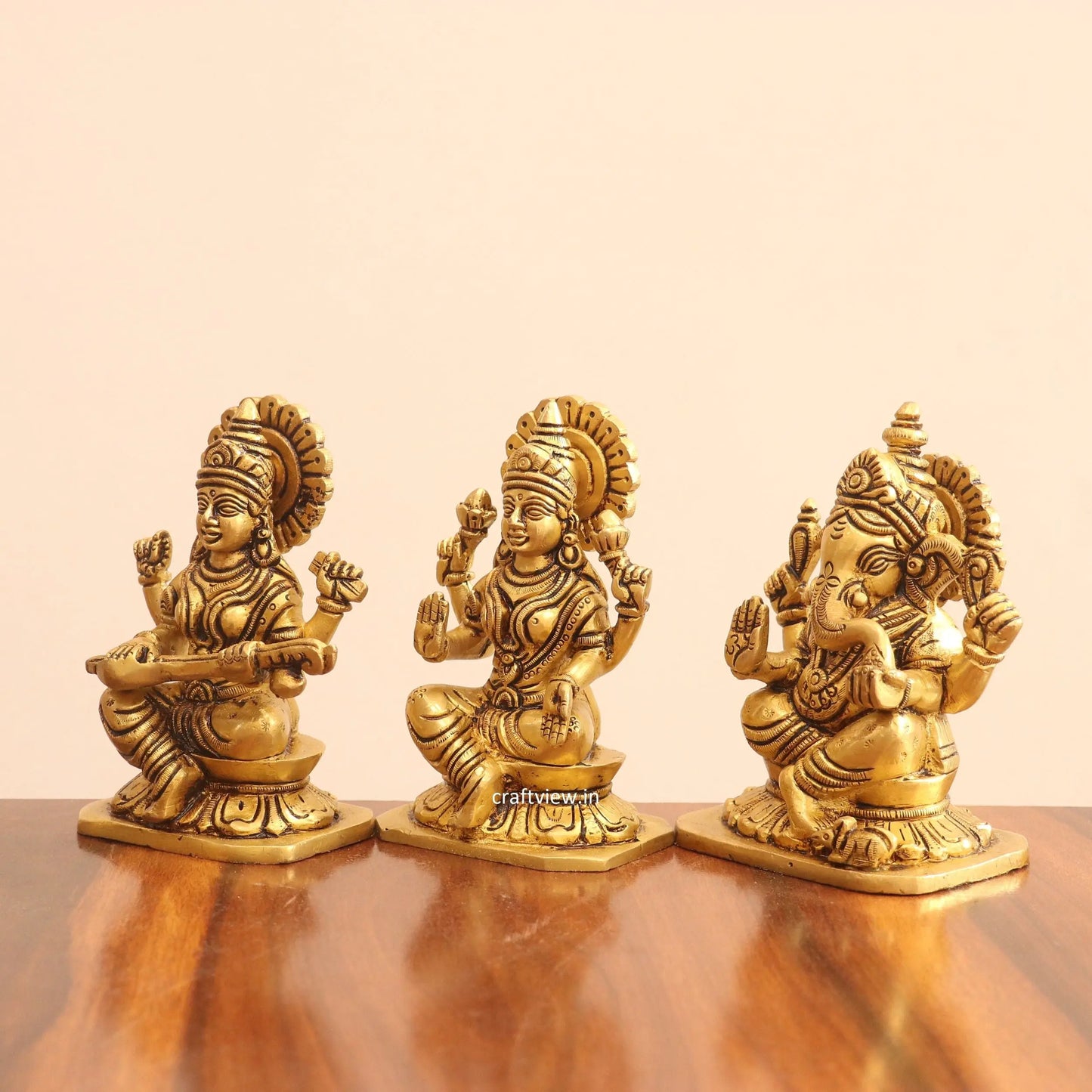 5" Superfine Small Brass Ganesh Lakshmi Sarasvati Idols set of 3 Peace Craftsview