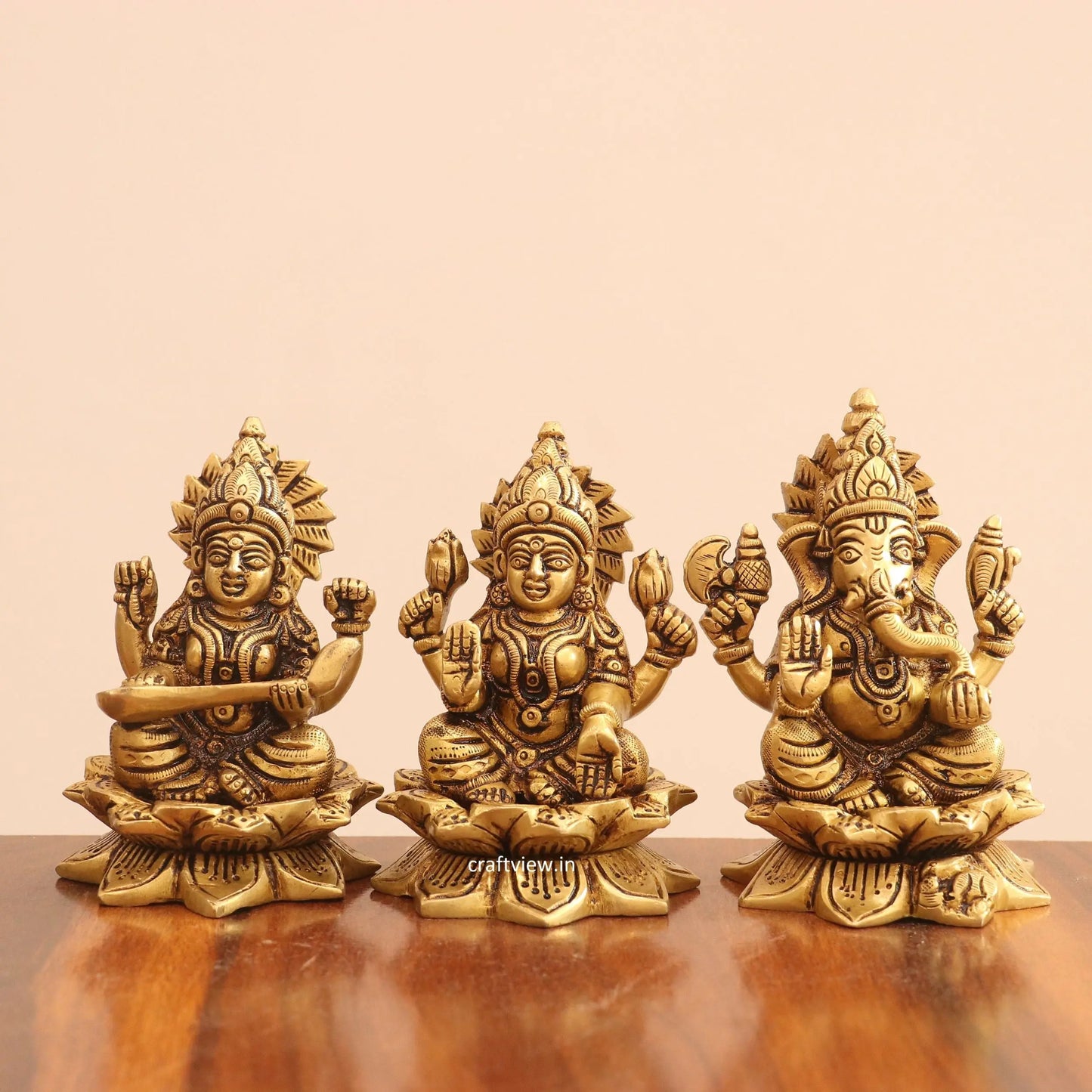 4.5"Brass Superfine Lotus Ganesh Lakshmi Sarasvati Idols set of 3 Peace Craftsview