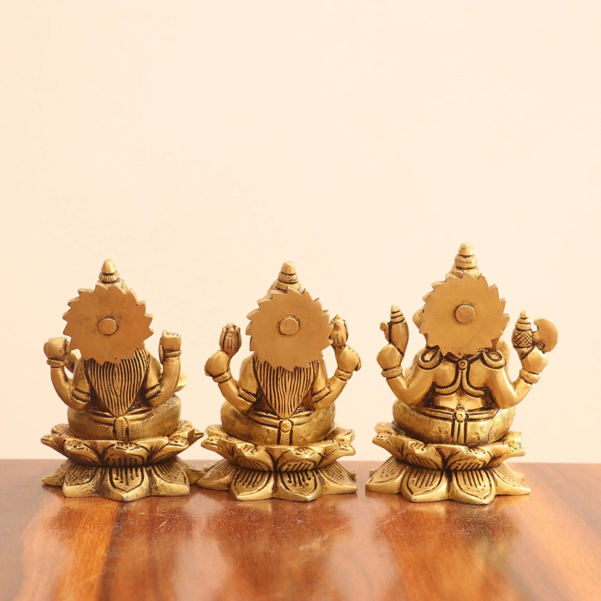 4.5"Brass Superfine Lotus Ganesh Lakshmi Sarasvati Idols set of 3 Peace Craftsview