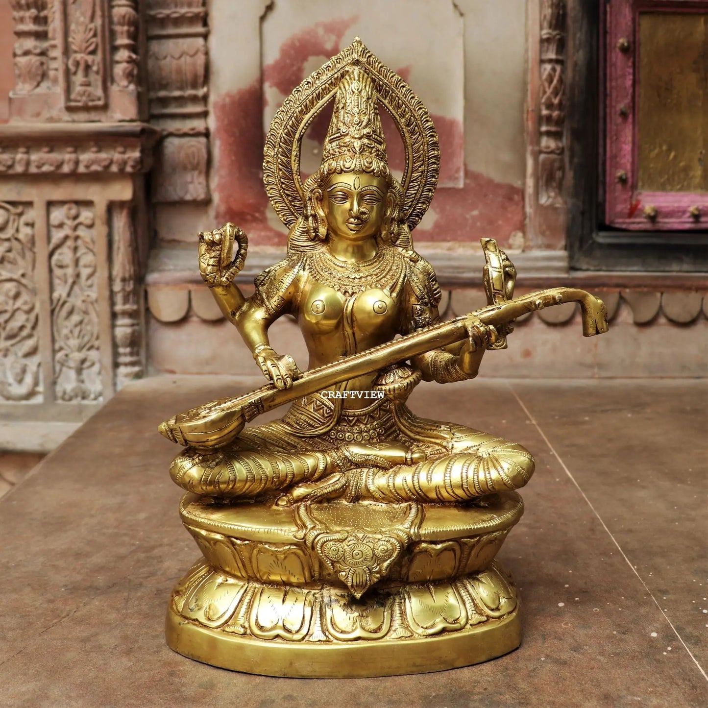 Brass Sarasvati Statue Sitting On Base 18" craftsview