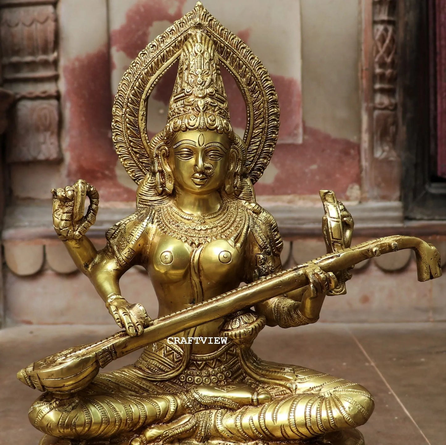 Brass Sarasvati Statue Sitting On Base 18" craftsview