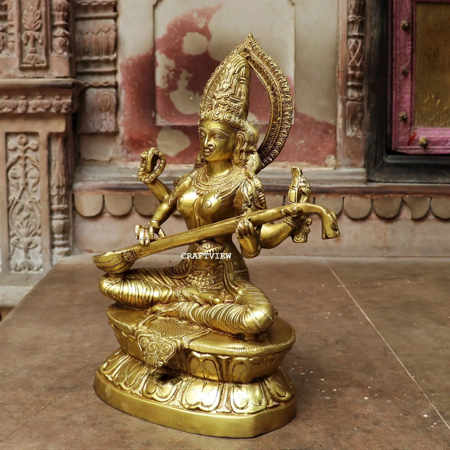 Brass Sarasvati Statue Sitting On Base 18" craftsview