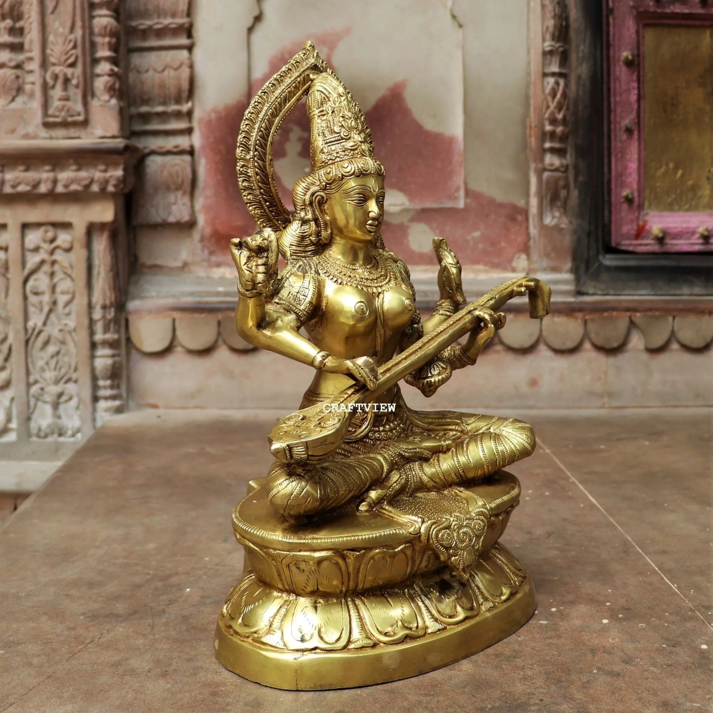 Brass Sarasvati Statue Sitting On Base 18" craftsview