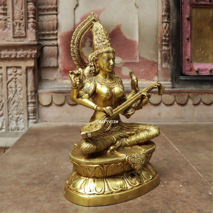 Brass Sarasvati Statue Sitting On Base 18" craftsview