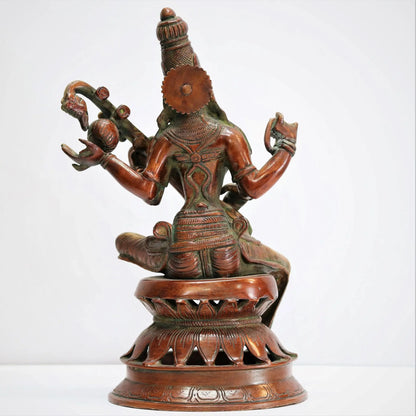 Brass Sarasvati Statue sitting on lotus Gold Copper Green craftsview