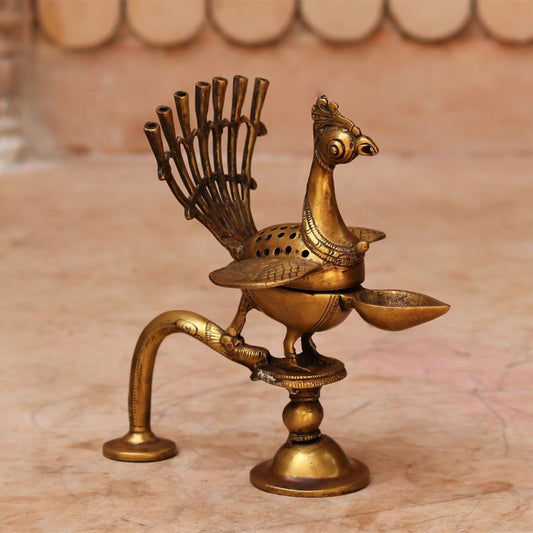 Brass Peacock Incense Burner With Diya. craftsview