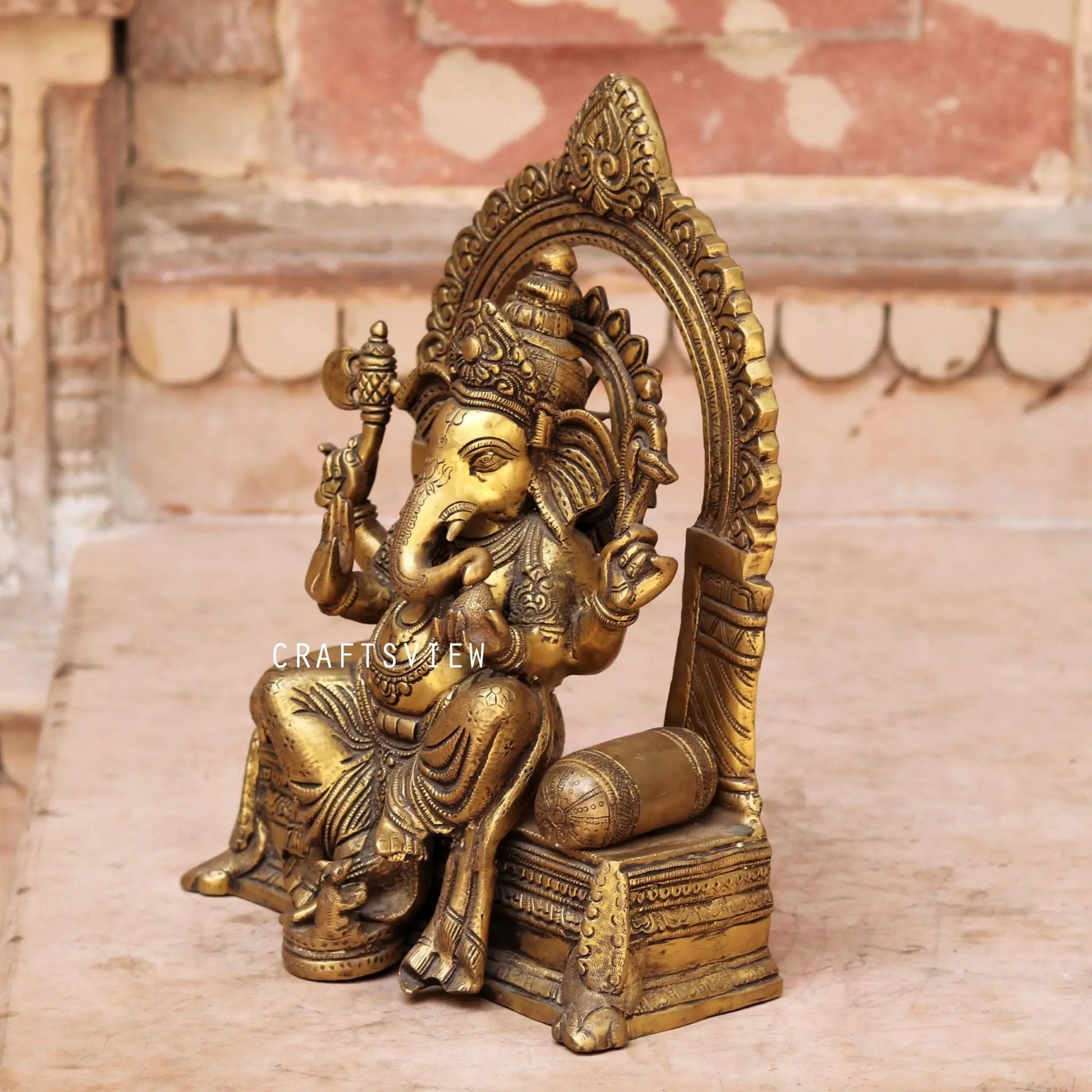 Brass Ganesh Statue Sitting On Sinhansan 16" craftsview