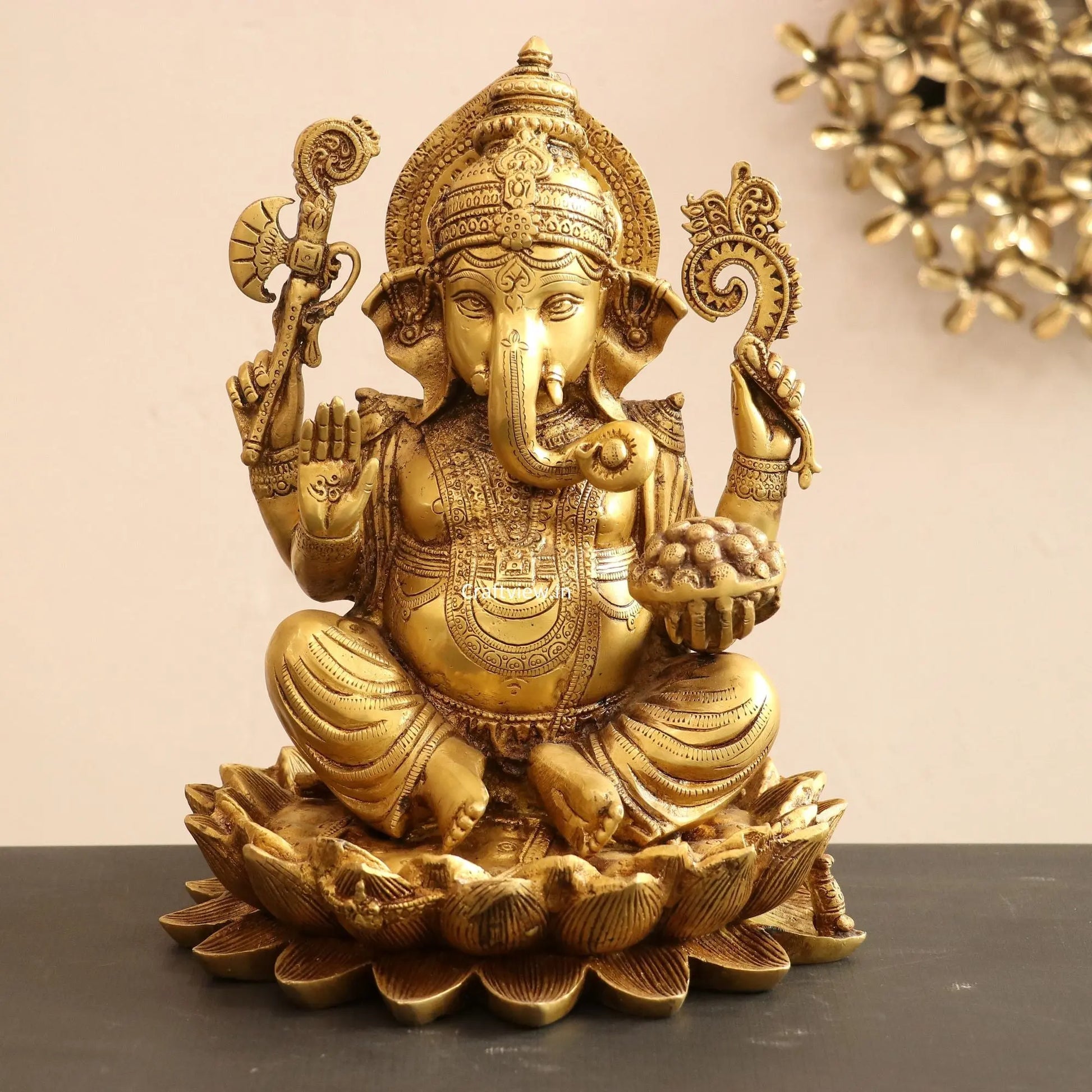 Brass Lord Ganesha Statue Sited On Lotus Base craftsview