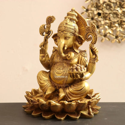 Brass Lord Ganesha Statue Sited On Lotus Base craftsview