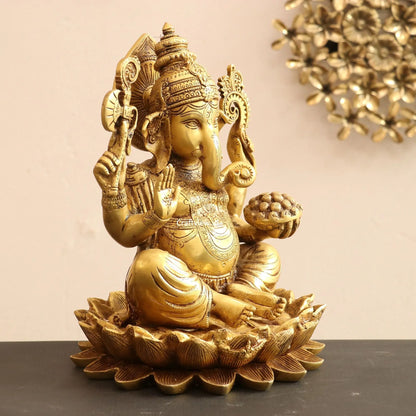 Brass Lord Ganesha Statue Sited On Lotus Base craftsview