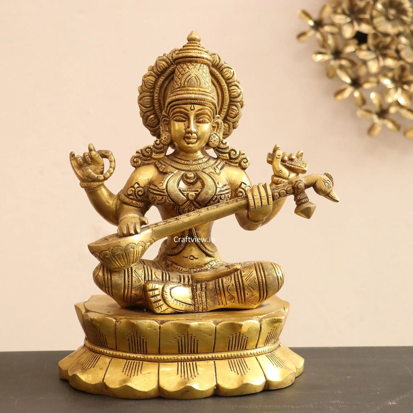 Brass Sarasvati Statue sitting on lotus craftsview