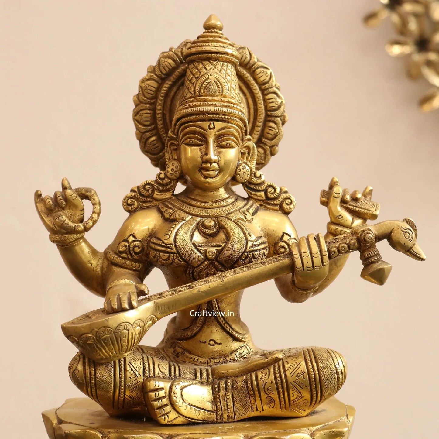 Brass Sarasvati Statue sitting on lotus craftsview