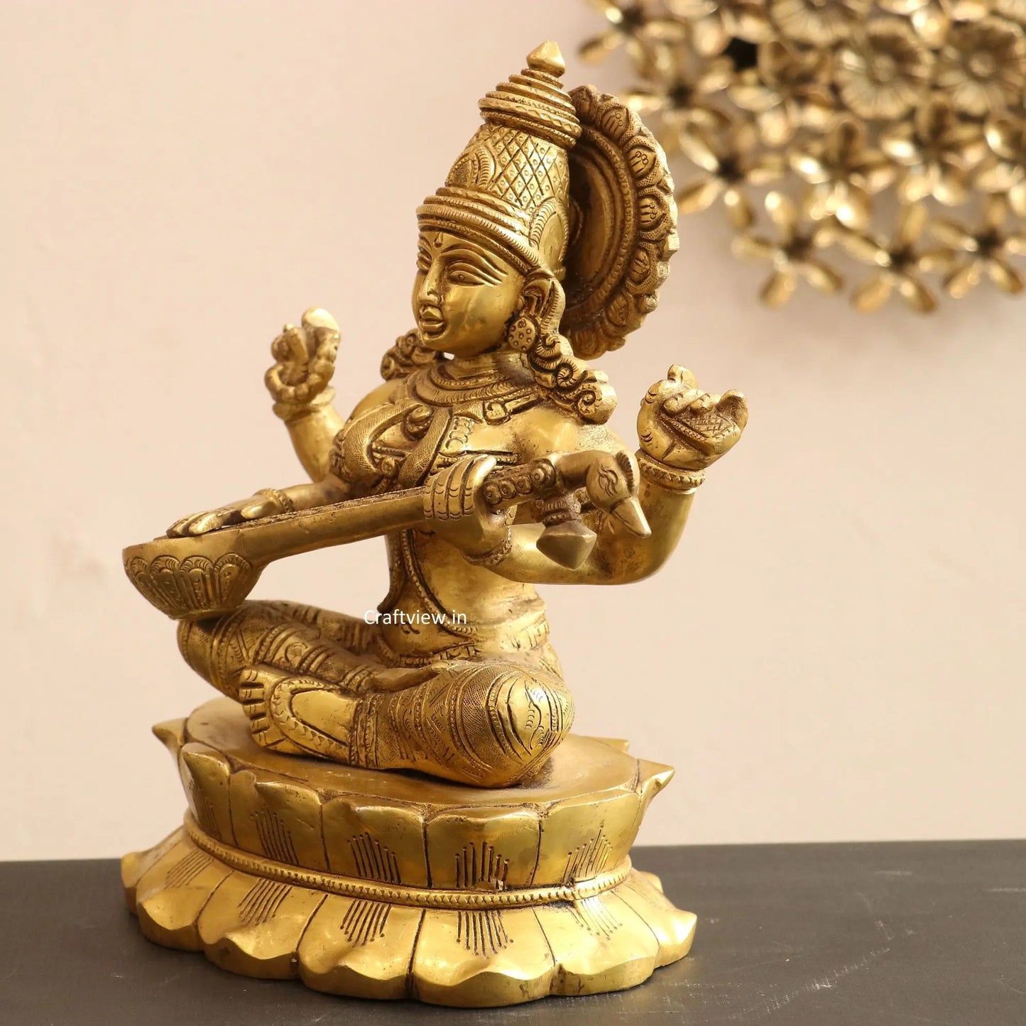 Brass Sarasvati Statue sitting on lotus craftsview