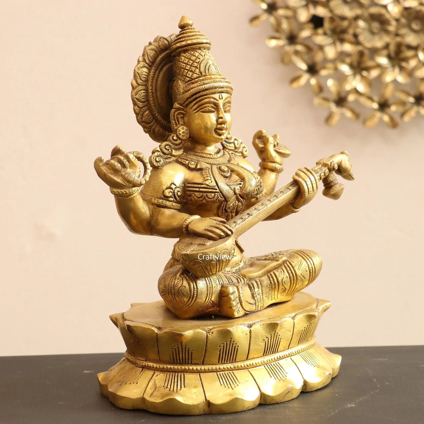 Brass Sarasvati Statue sitting on lotus craftsview