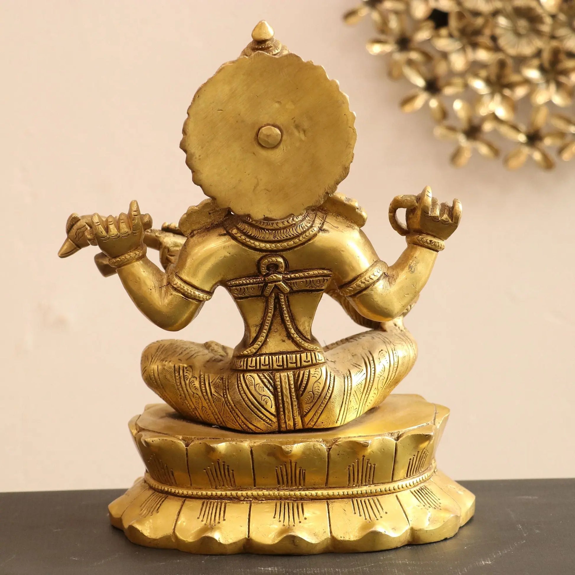 Brass Sarasvati Statue sitting on lotus craftsview