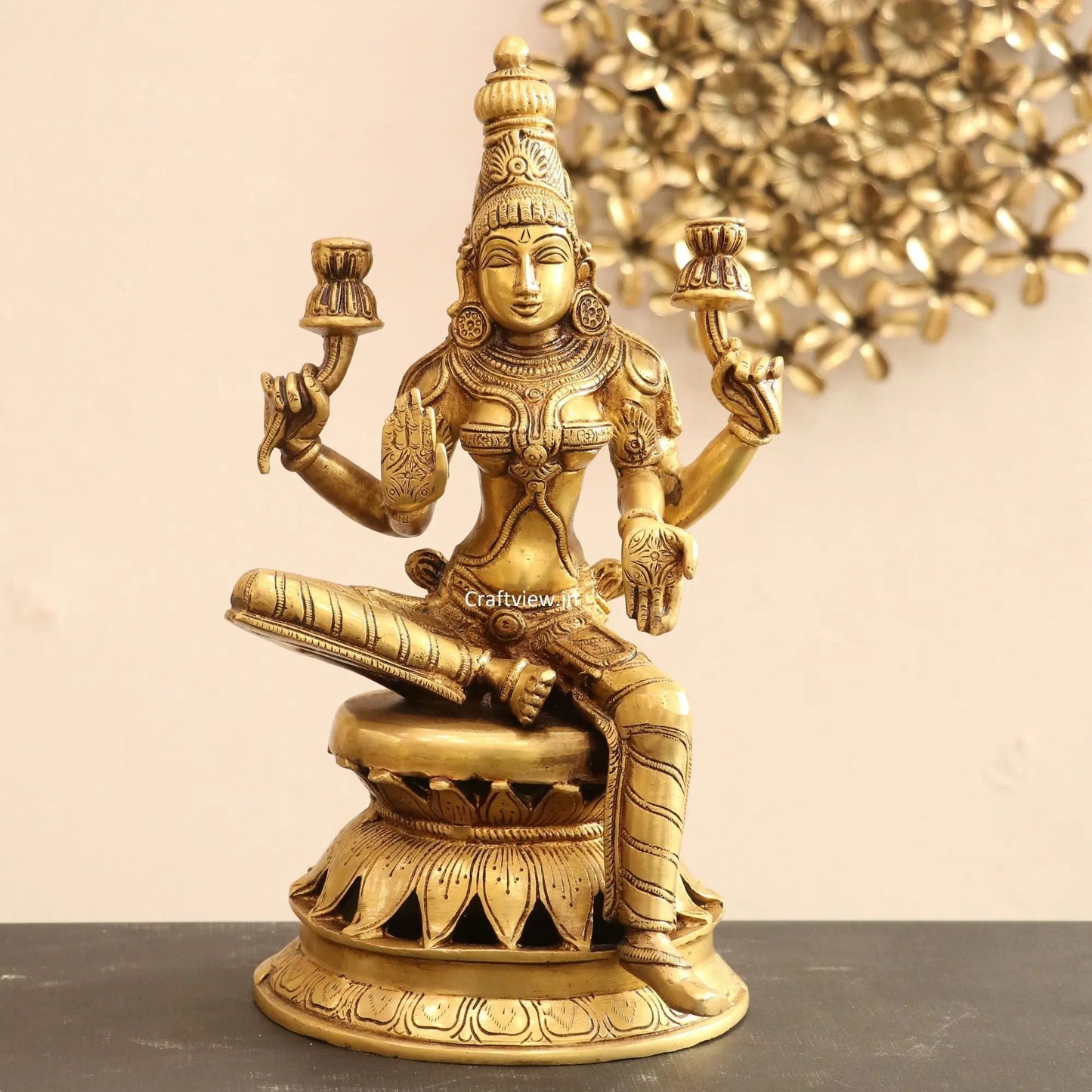 Brass Maa Lakshmi Statue Base On Lotus 12" craftsview