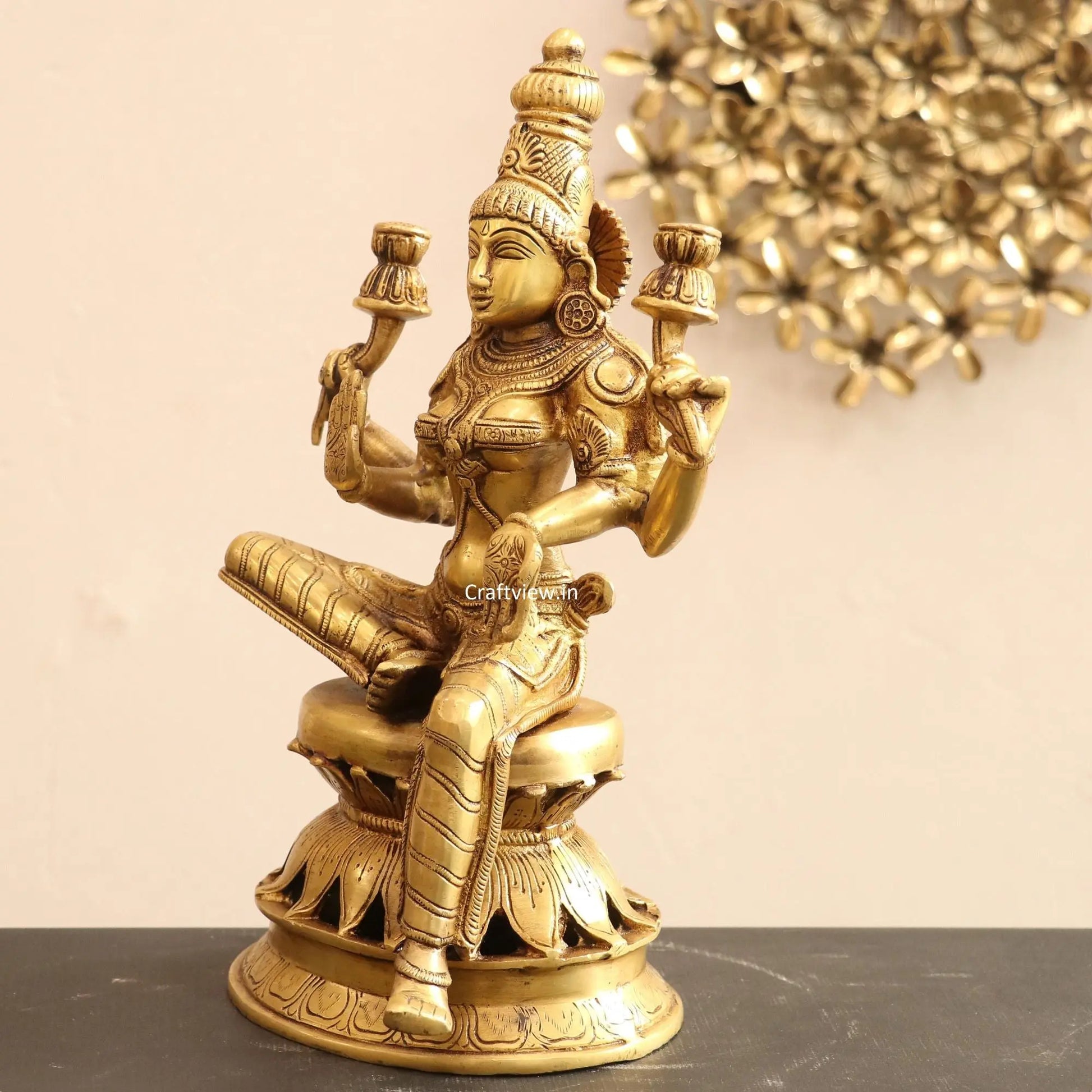 Brass Maa Lakshmi Statue Base On Lotus 12" craftsview