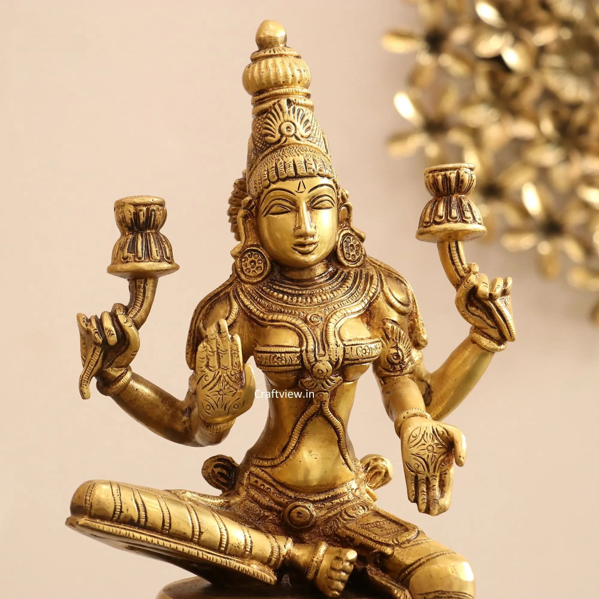 Brass Maa Lakshmi Statue Base On Lotus 12" craftsview