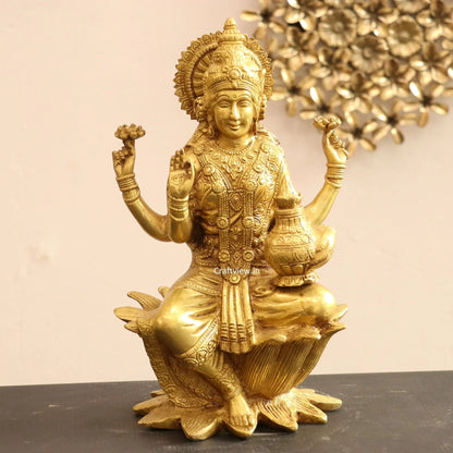 Brass Lakshmi statue sited on Lotus 12" Golden craftsview