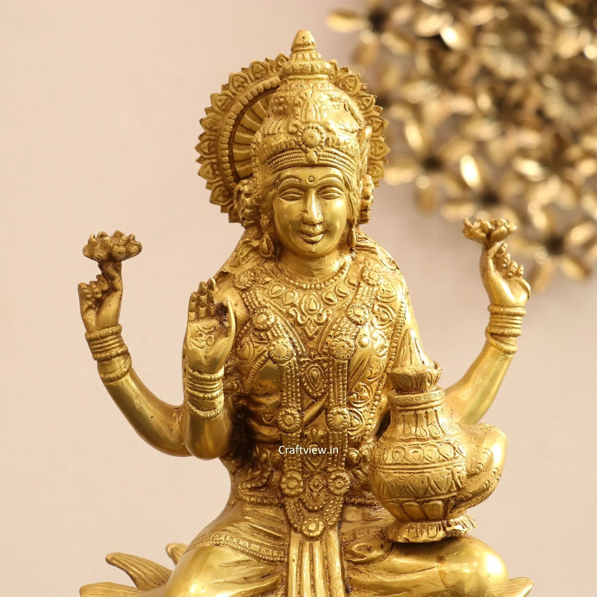 Brass Lakshmi statue sited on Lotus 12" Golden craftsview