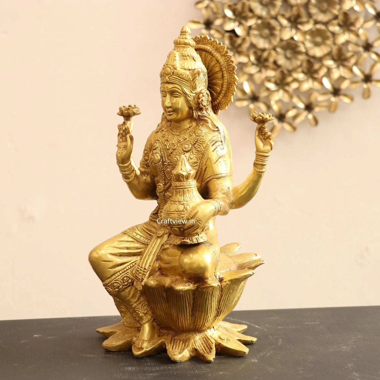 Brass Lakshmi statue sited on Lotus 12" Golden craftsview