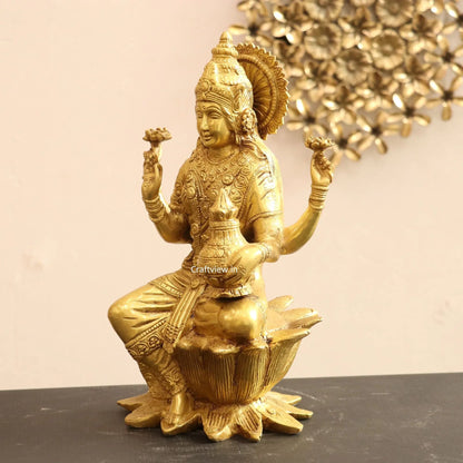 Brass Lakshmi statue sited on Lotus 12" Golden craftsview