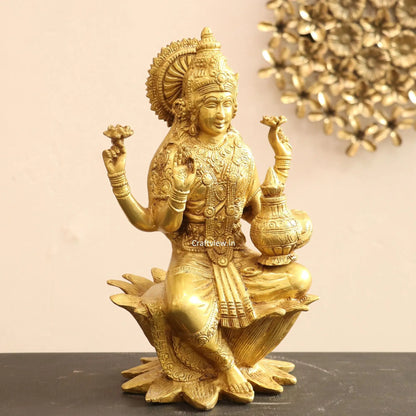 Brass Lakshmi statue sited on Lotus 12" Golden craftsview