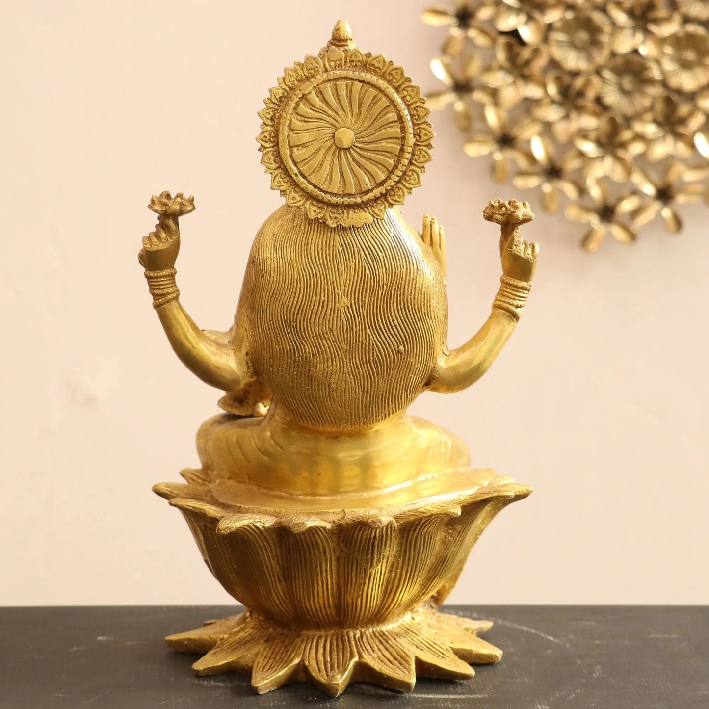 Brass Lakshmi statue sited on Lotus 12" Golden craftsview