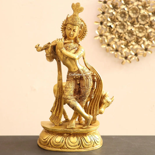 Brass Cow Krishna Idol 14" craftsview