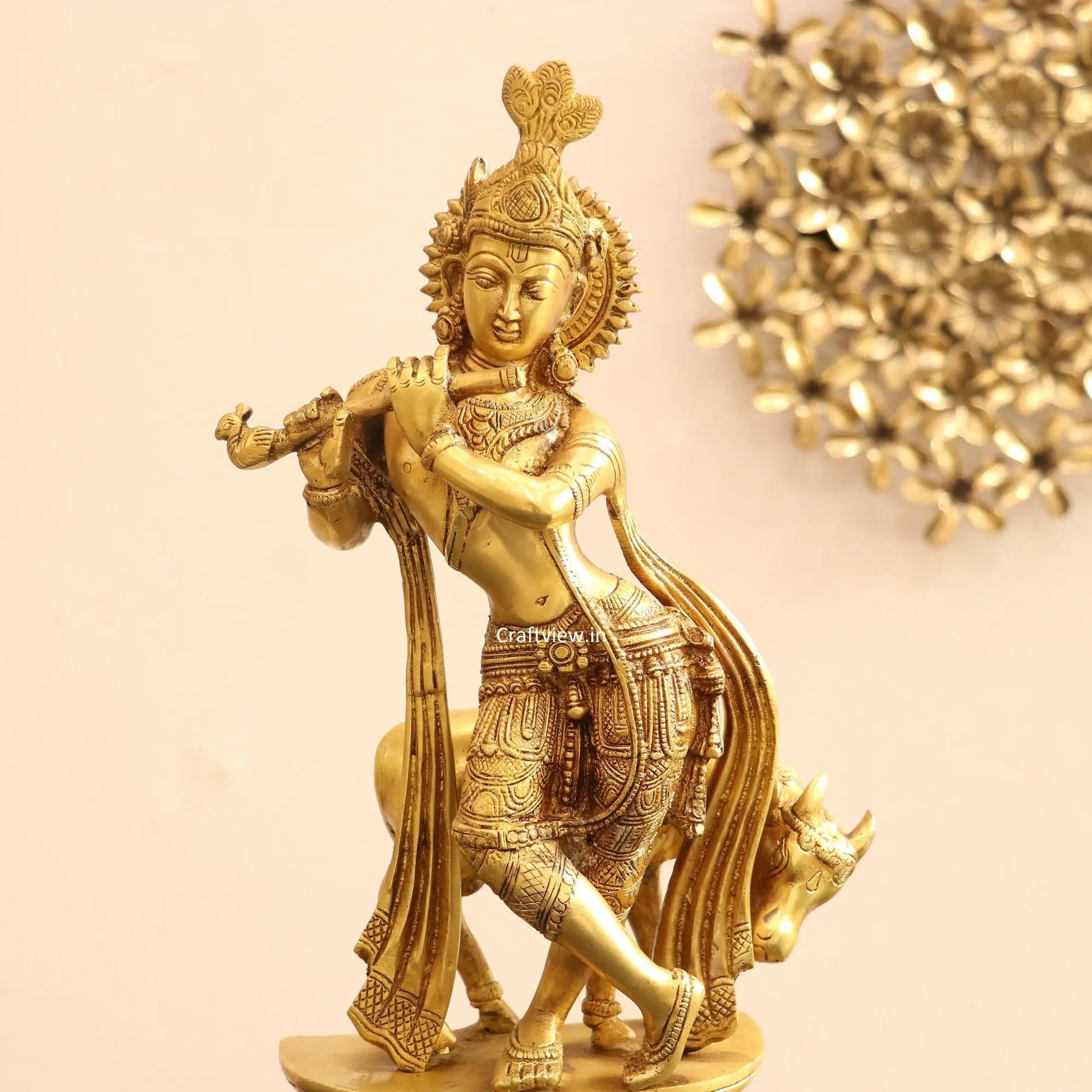 Brass Cow Krishna Idol 14" craftsview