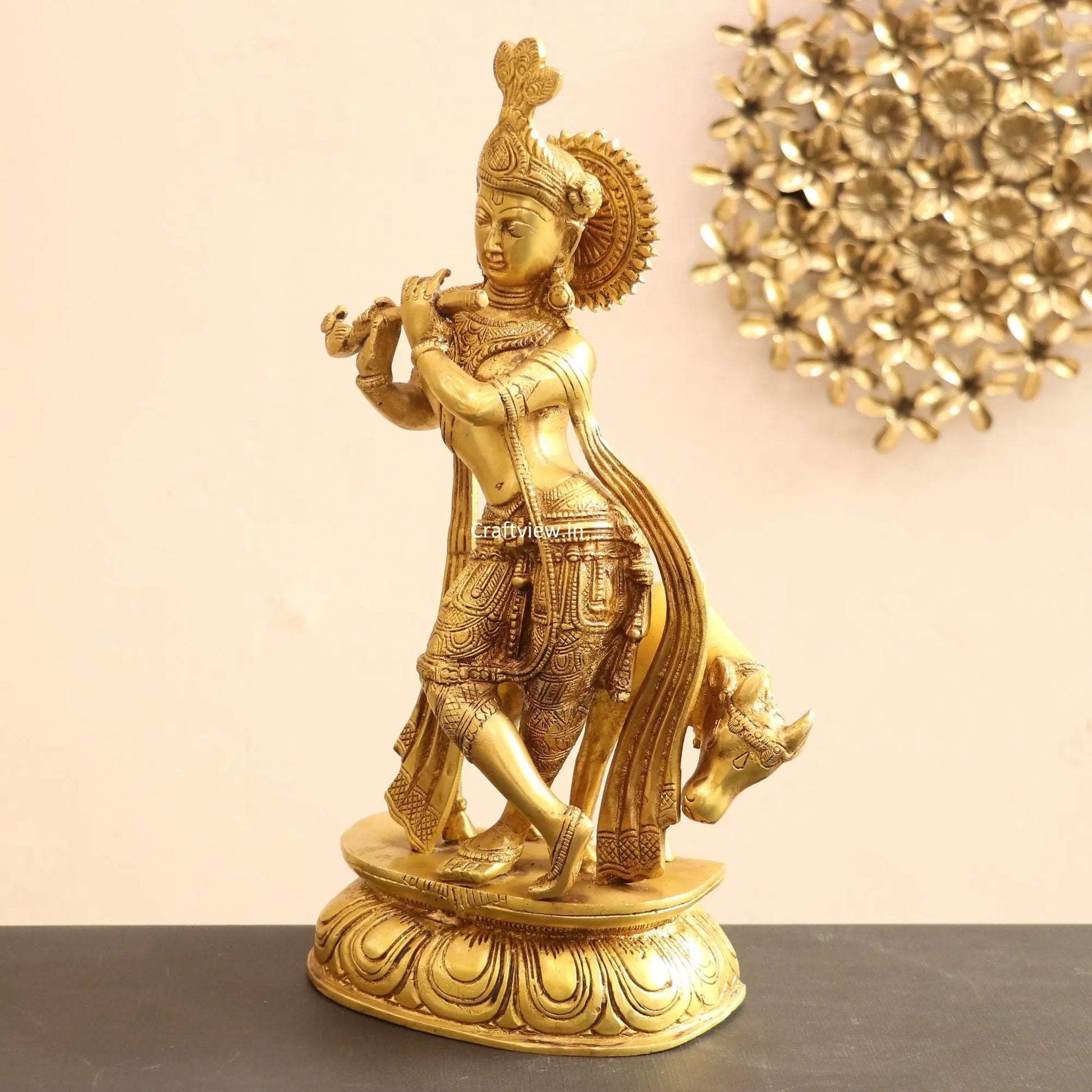 Brass Cow Krishna Idol 14" craftsview