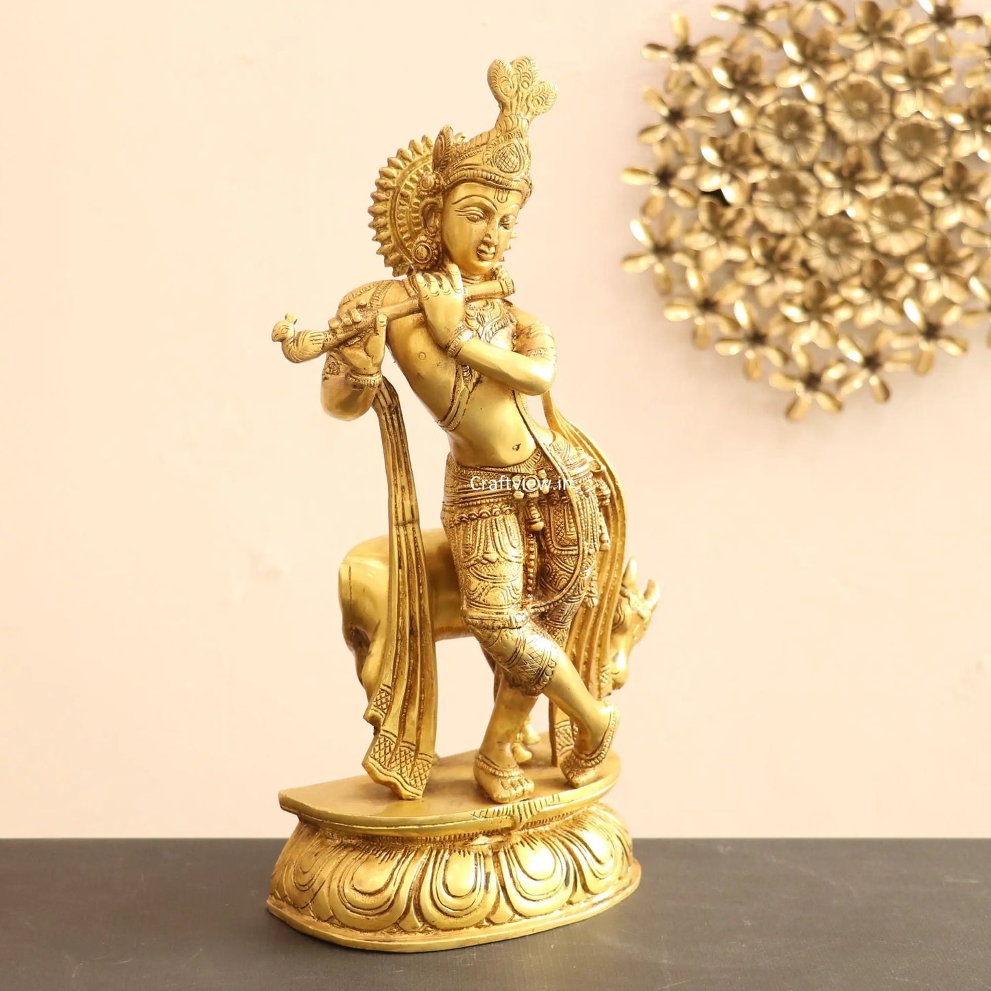 Brass Cow Krishna Idol 14" craftsview