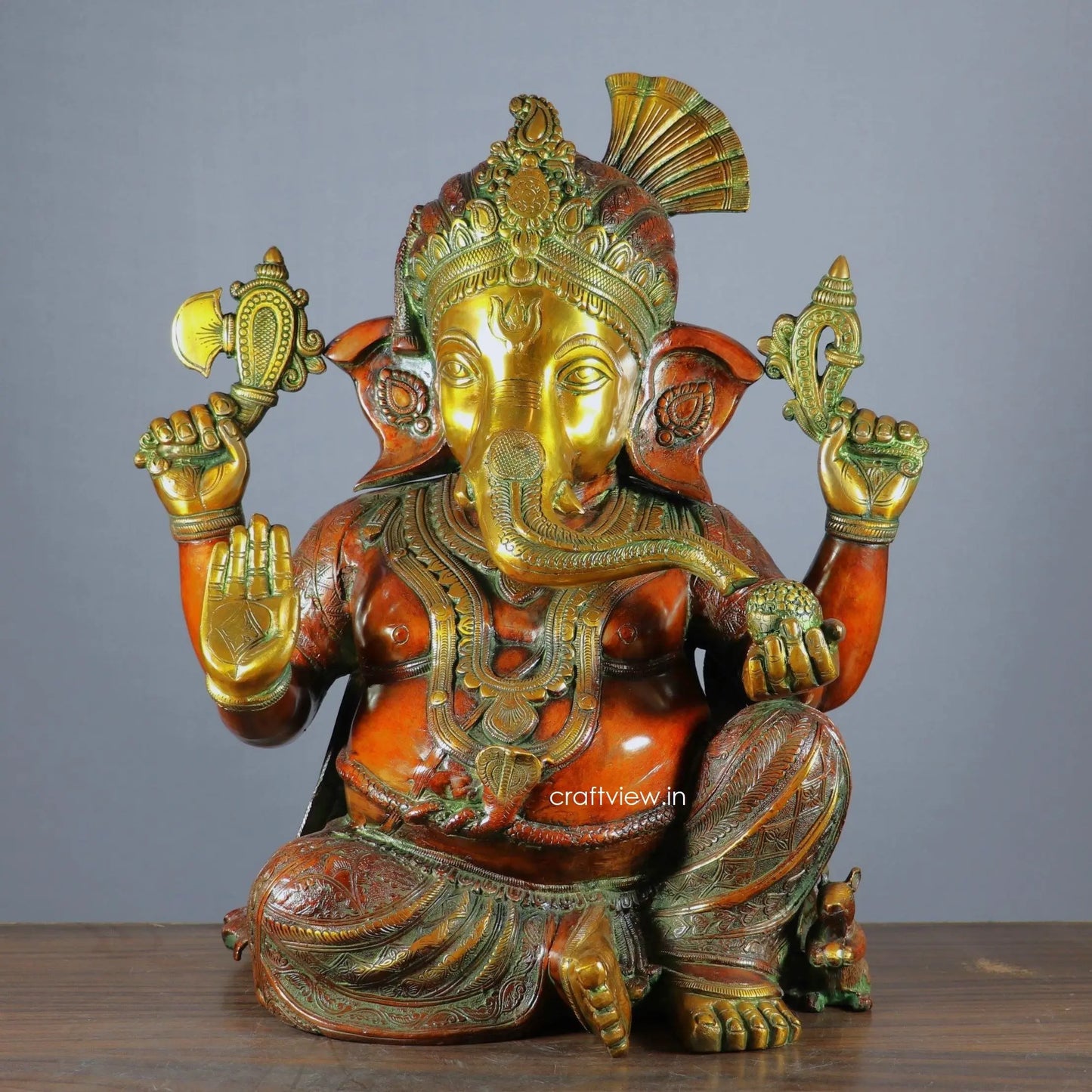 Brass Pagadi Ganesh Statue Sitting on Lalitsana. Copper Brown craftsview