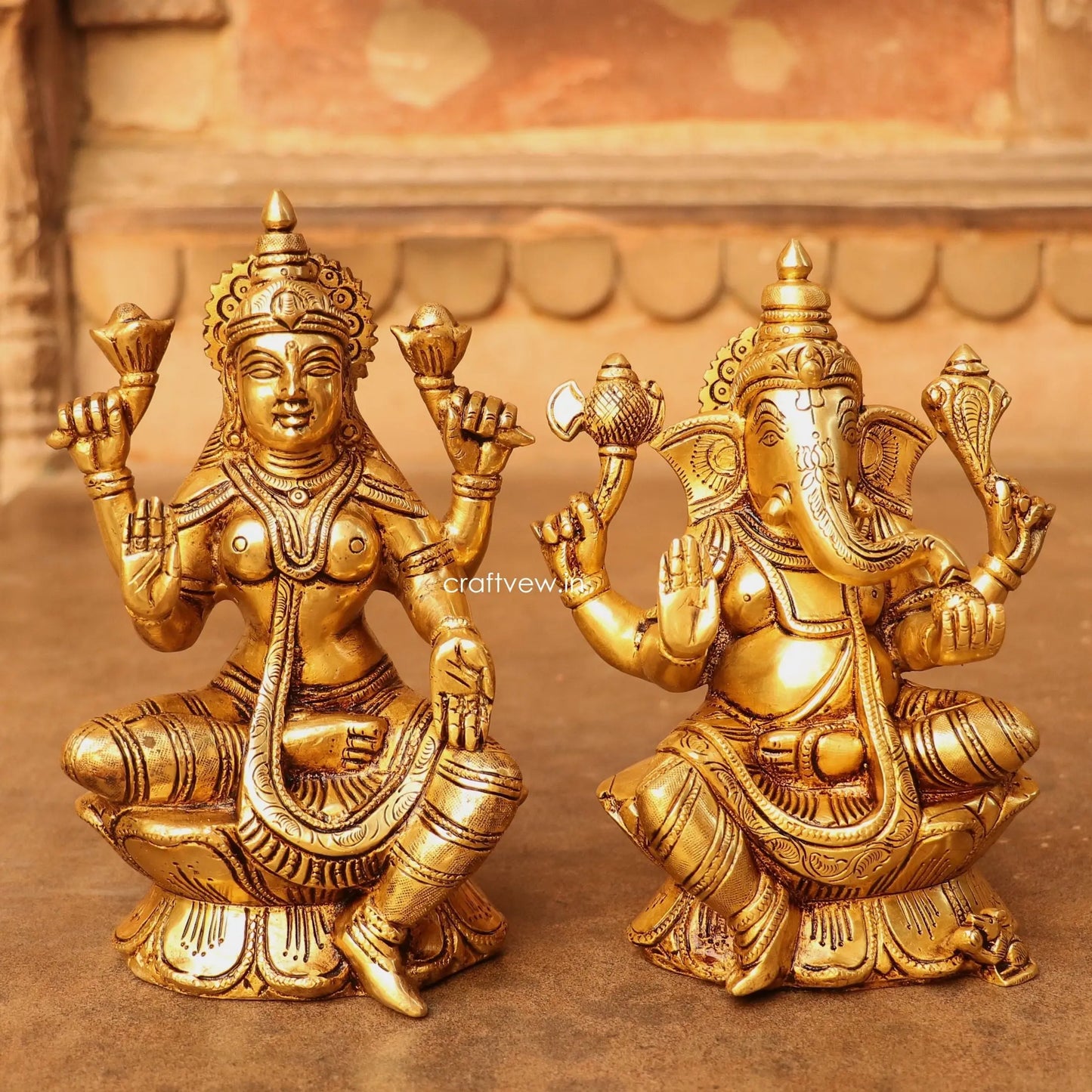 Brass Ganesha Lakshmi Statue Fine Quality 8" craftsview