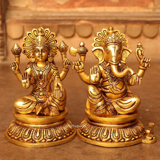 8" Brass Superfine Exquisite Ganesha Lakshmi Idols pair Craftsview