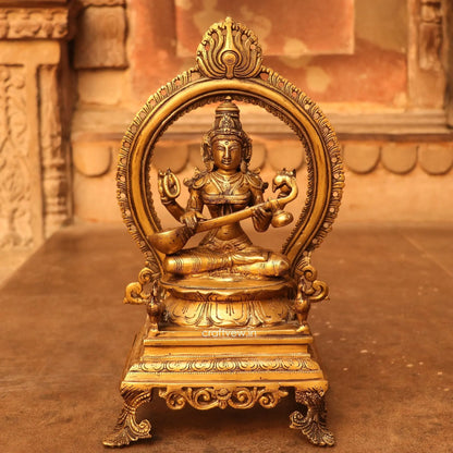 Brass Sarasvati Idol sitting on lotus Base craftsview