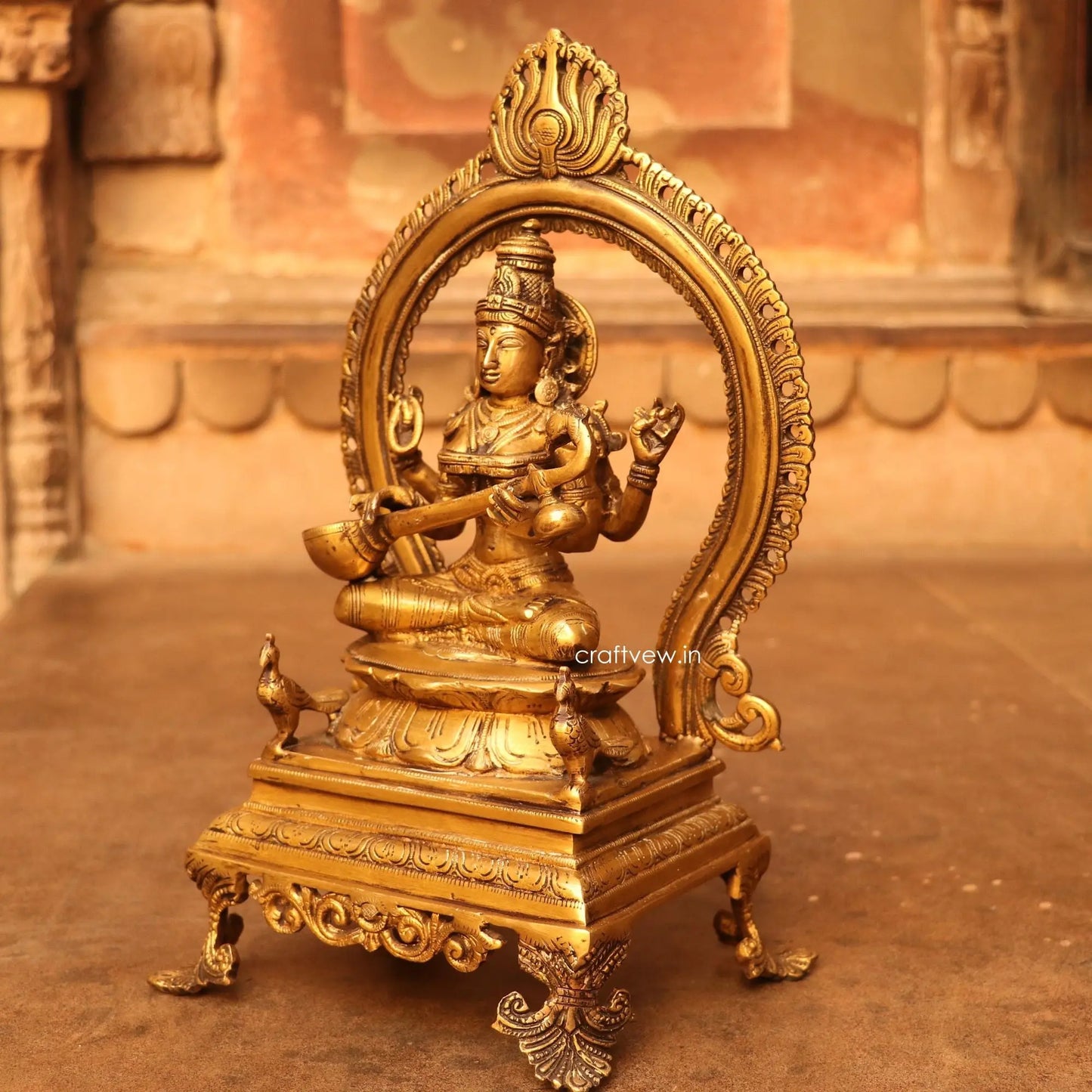 Brass Sarasvati Idol sitting on lotus Base craftsview